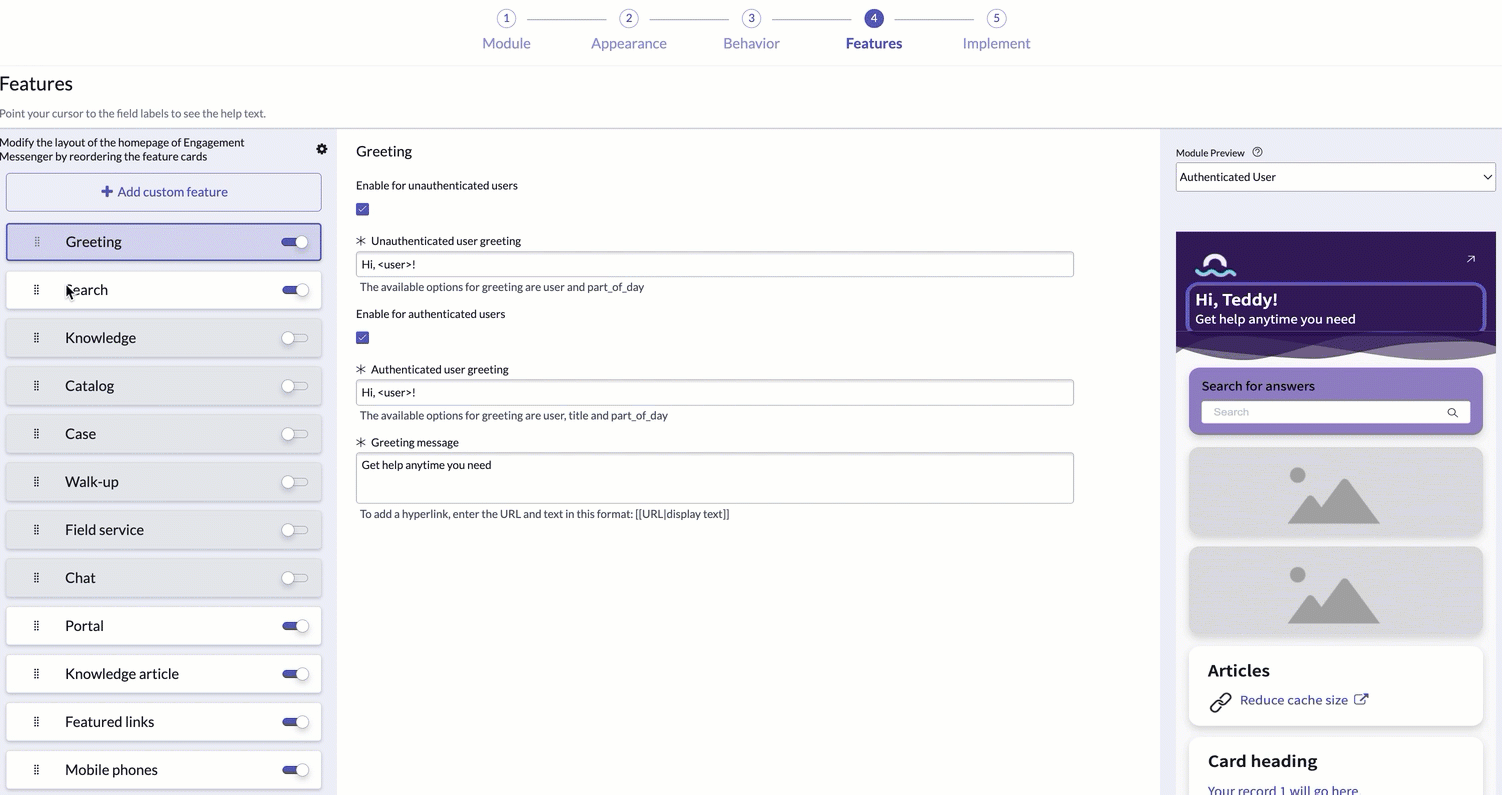 Vue du formulaire Configurer Engagement Messenger avec une liste de fonctionnalités telles que Message d’accueil, Recherche, Base de connaissances, qui peuvent être utilisées pour la configuration.