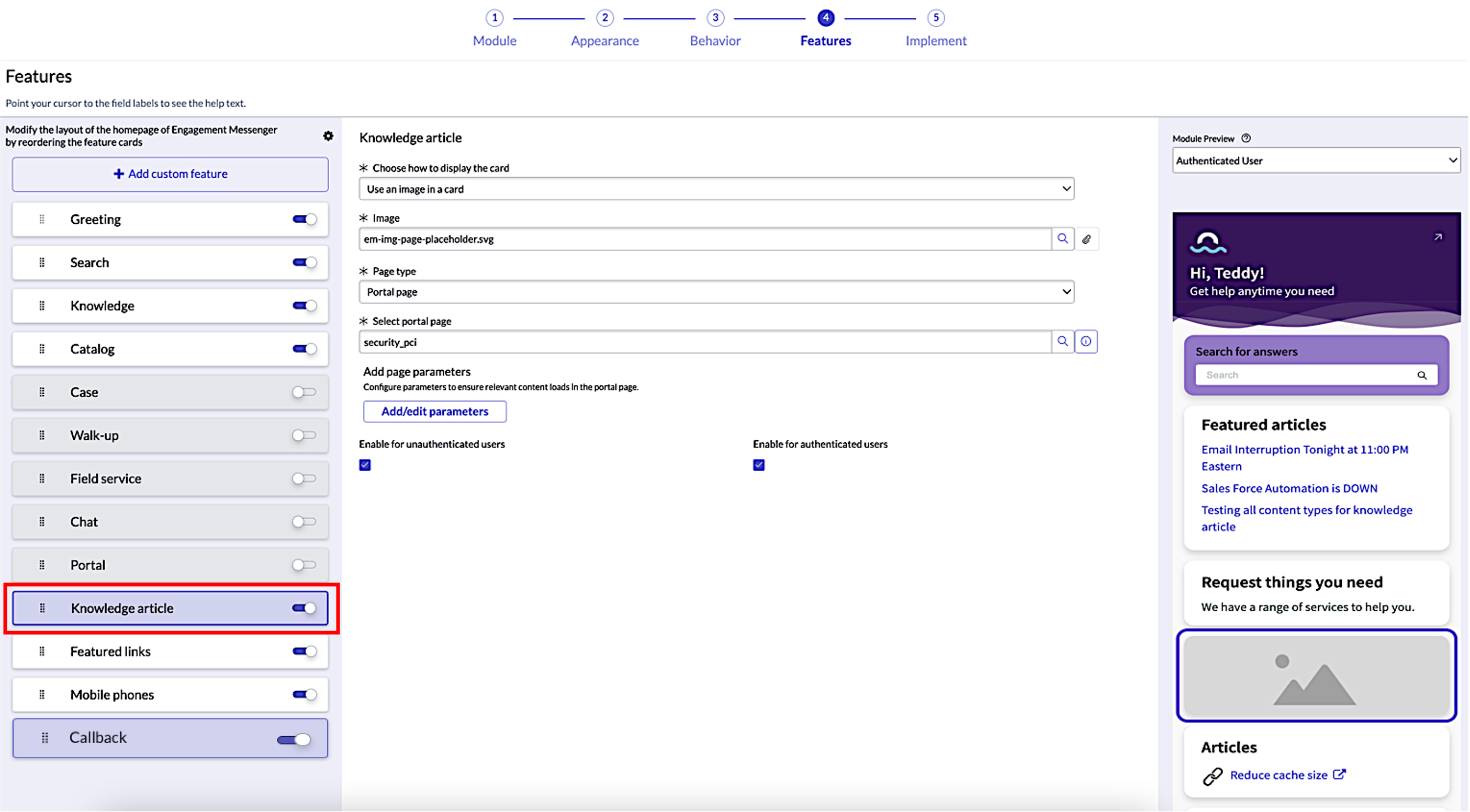 Cartes configurables affichant une liste de fonctionnalités que vous pouvez personnaliser. Dans cet exemple, la page du portail affiche une image sous forme de carte sur la page d’accueil d’Engagement Messenger.
