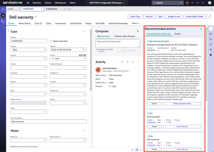 Onglets Actions recommandées et Rechercher dans le panneau latéral contextuel de Espace de travail configurable de CSM.