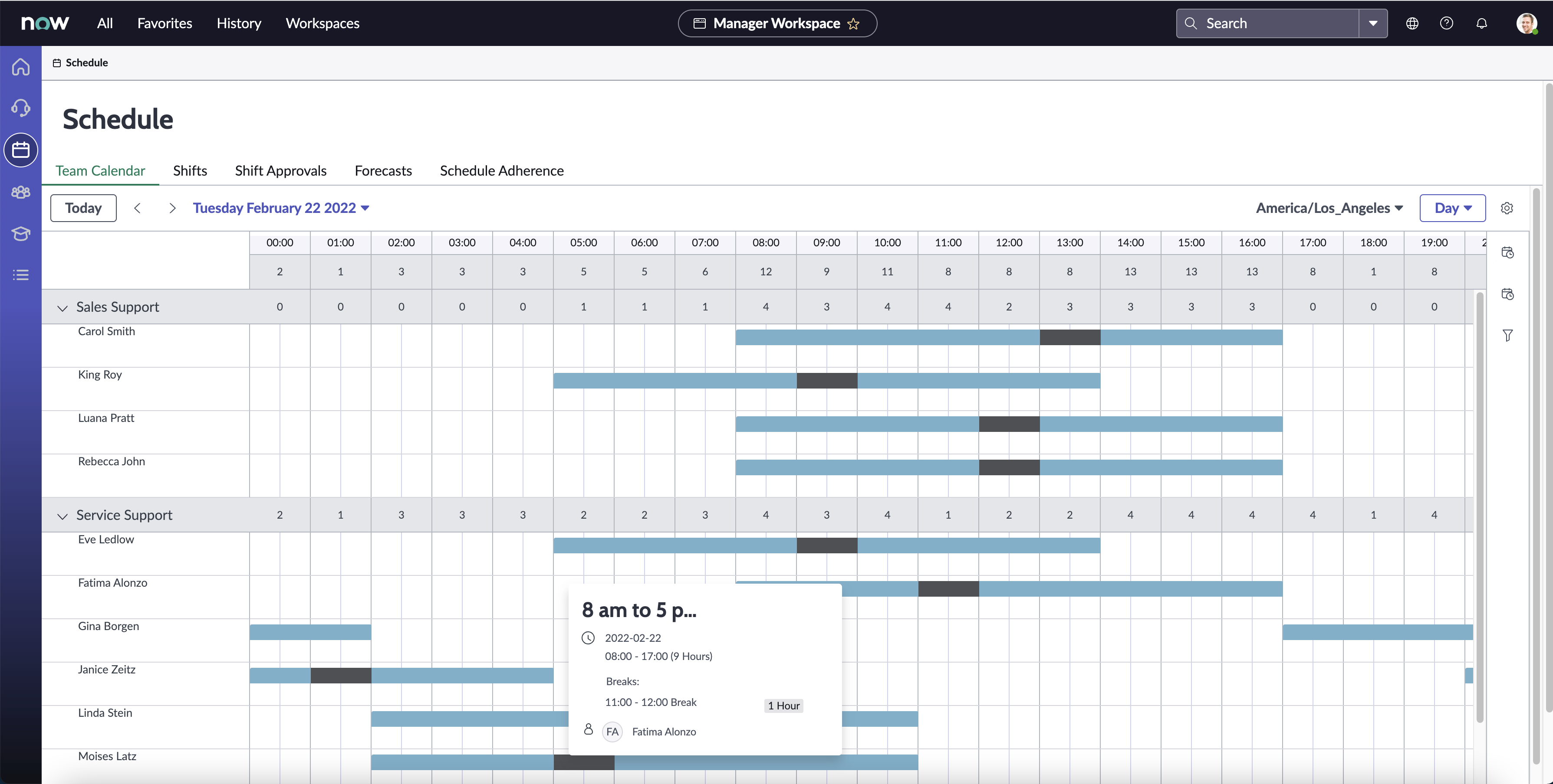 Vue calendrier dans le calendrier d’équipe affichant la disponibilité de l’agent.