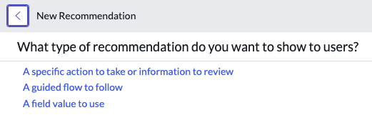 Écran Nouvelle recommandation qui présente les types de recommandations disponibles.