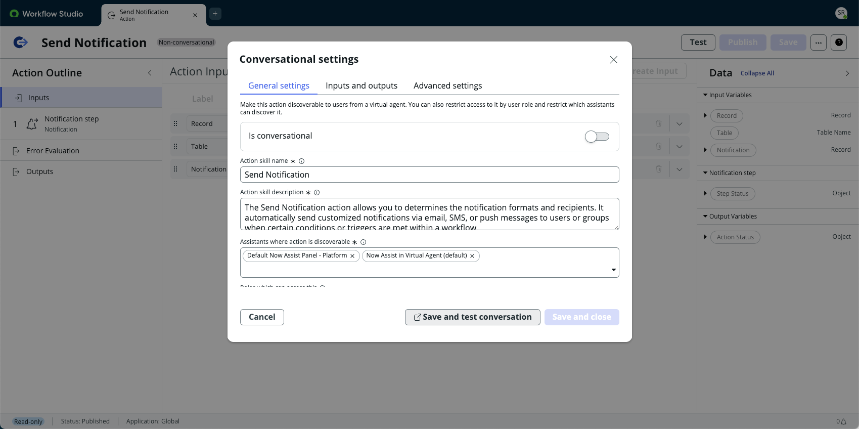 Exemples de paramètres généraux pour l’action Envoyer une notification.