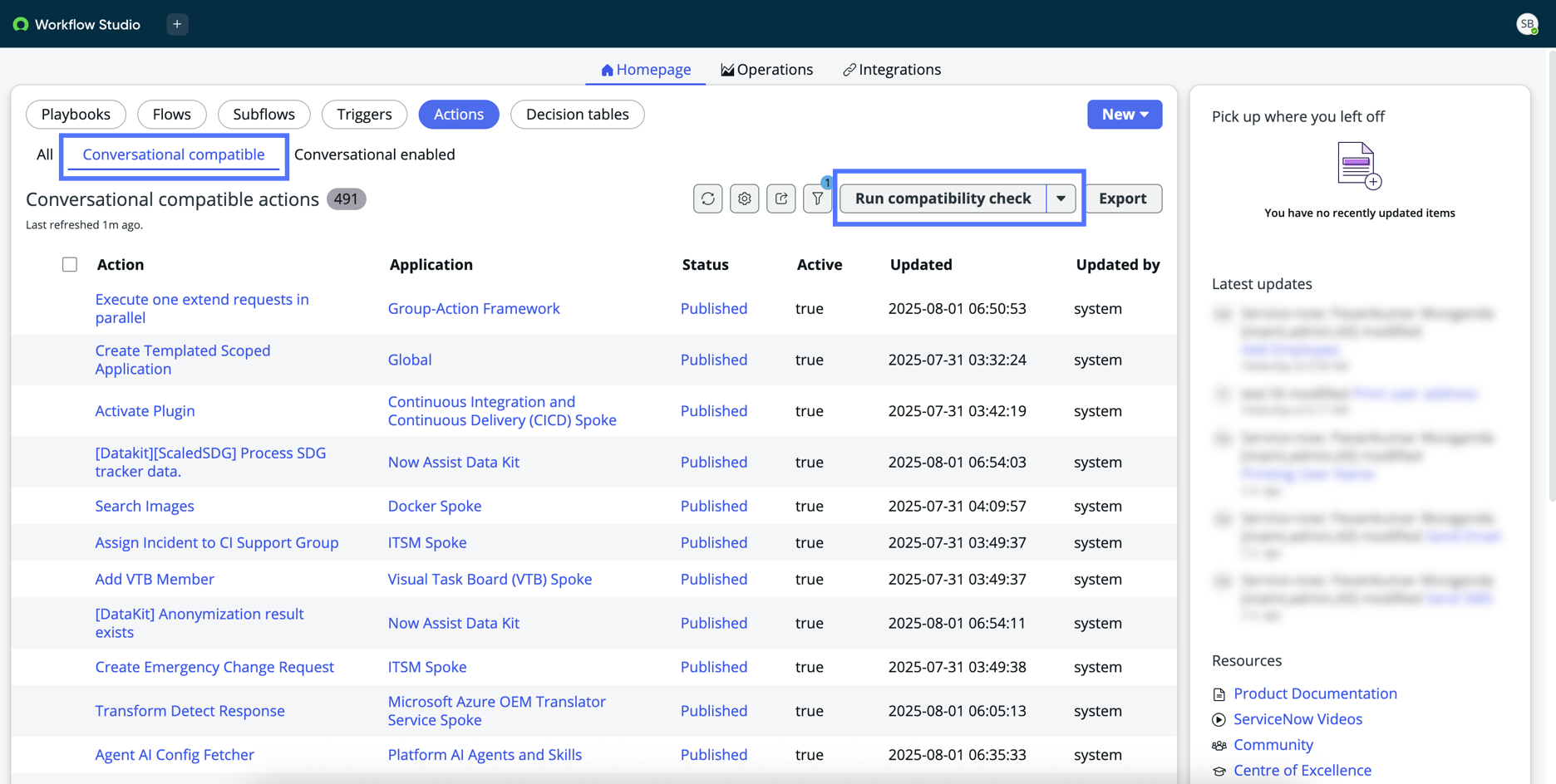 Image de l’onglet Conversational compatible sur la page Actions.