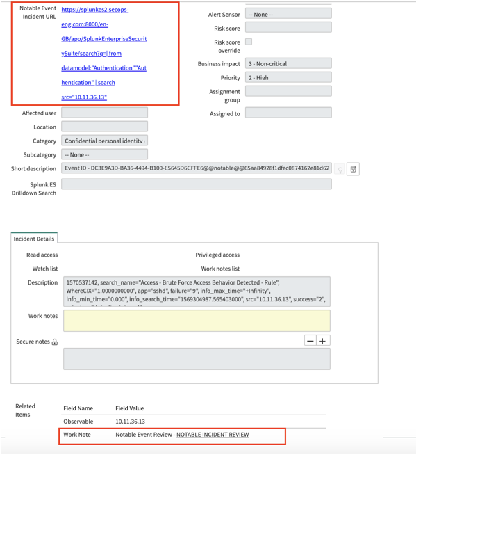 hiperlink de revisão de incidentes de eventos notáveis e hiperlink de eventos de contribuição:
