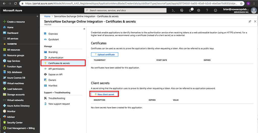 Certificados e segredos e Novo segredo de cliente destacado no portal do Microsoft Azure.
