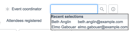 Ein leeres Referenzfeld für die Anwendertabelle, das eine Liste der beiden zuletzt ausgewählten Anwender anzeigt: Beth Anglin und Elmo Gabour.