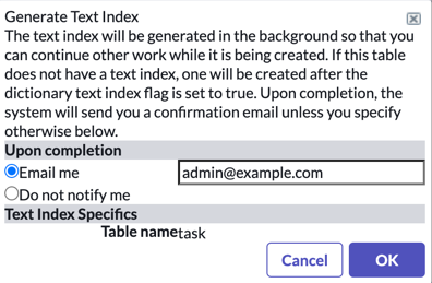Bestätigungsfenster für die Aktion „Textindex generieren“.