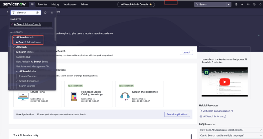 Startseite der AI Search-Administratorkonsole.