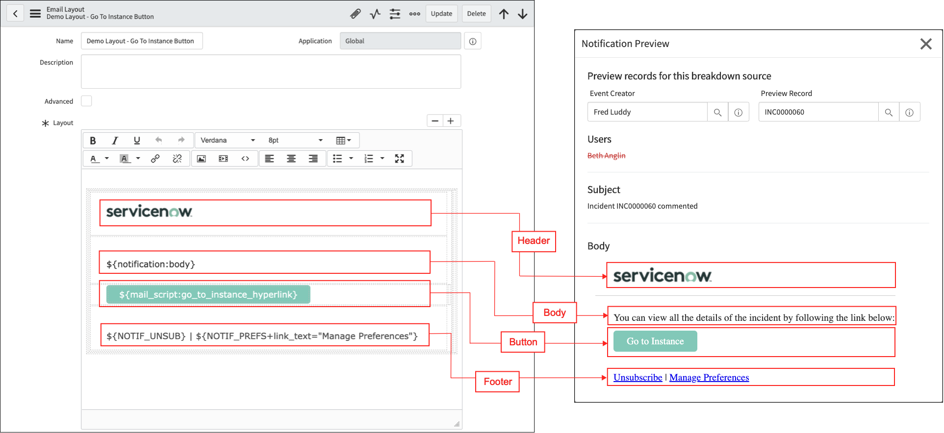 Beispieldatensatz für E-Mail-Layout für Demo-Layout – Schaltfläche „Zu Instanz wechseln“. Dieser Datensatz besteht aus einer einspaltigen HTML-Tabelle mit Zeilen für Header, Textkörper, Schaltfläche und Fußzeile.