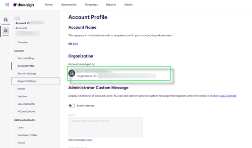 Docusign account profile highlighting the Organization ID