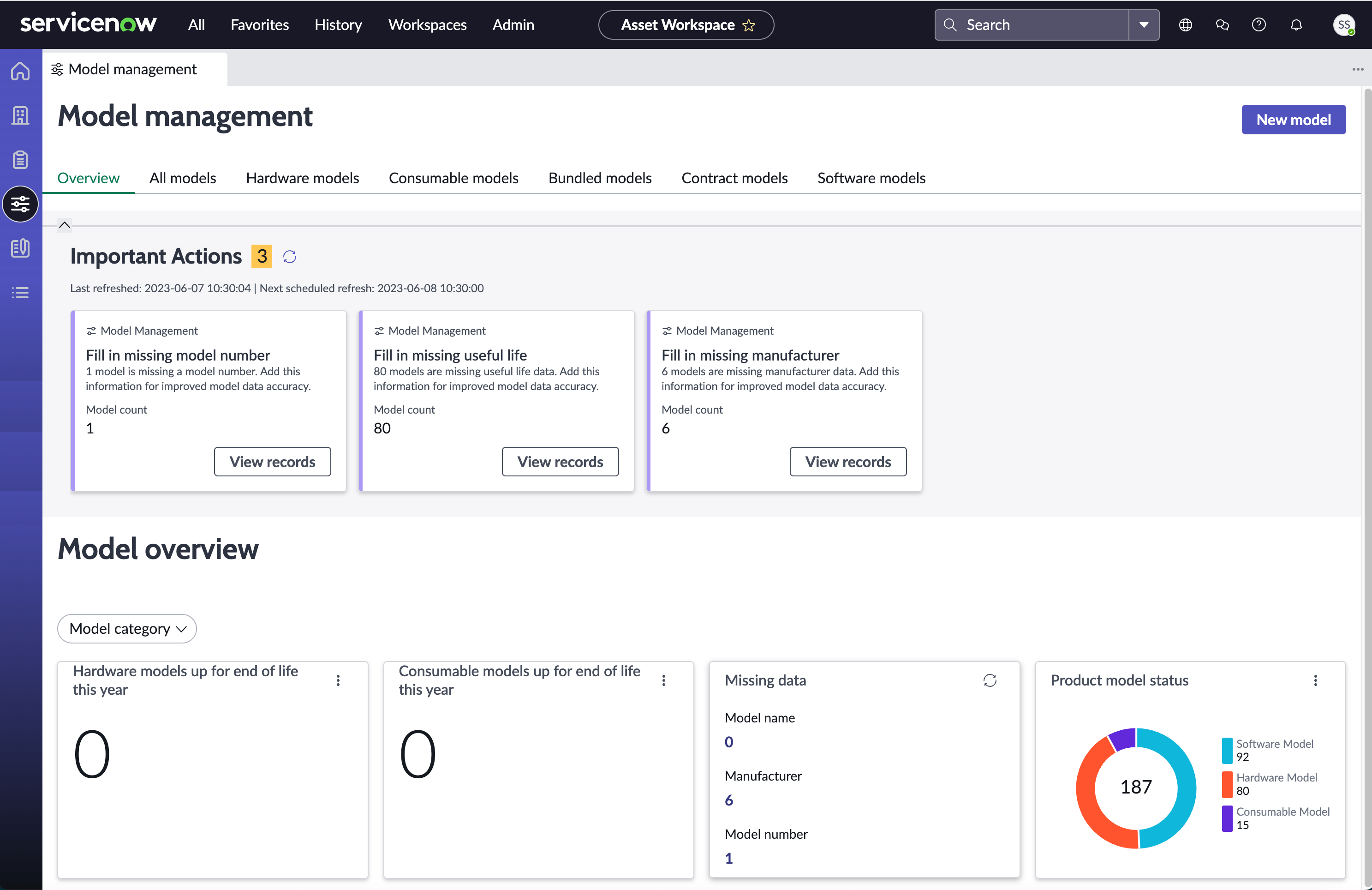 Model management view in Asset Workspace