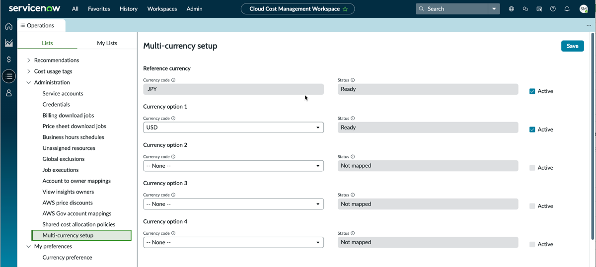 Multi-currency setup in the Cloud Cost Management Workspace