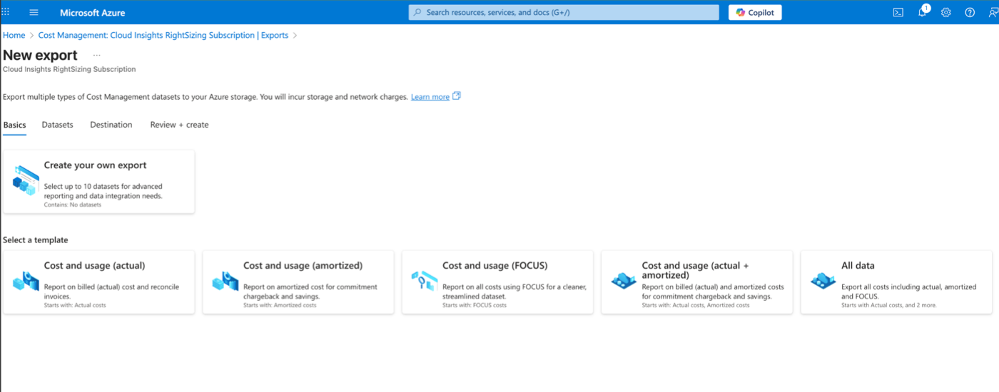 Cost Management page on Microsoft Azure portal showing templates for various billing formats