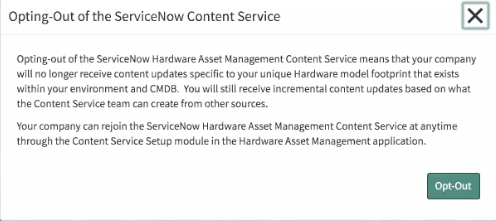 Hardware Asset Management Content Service opt-out message