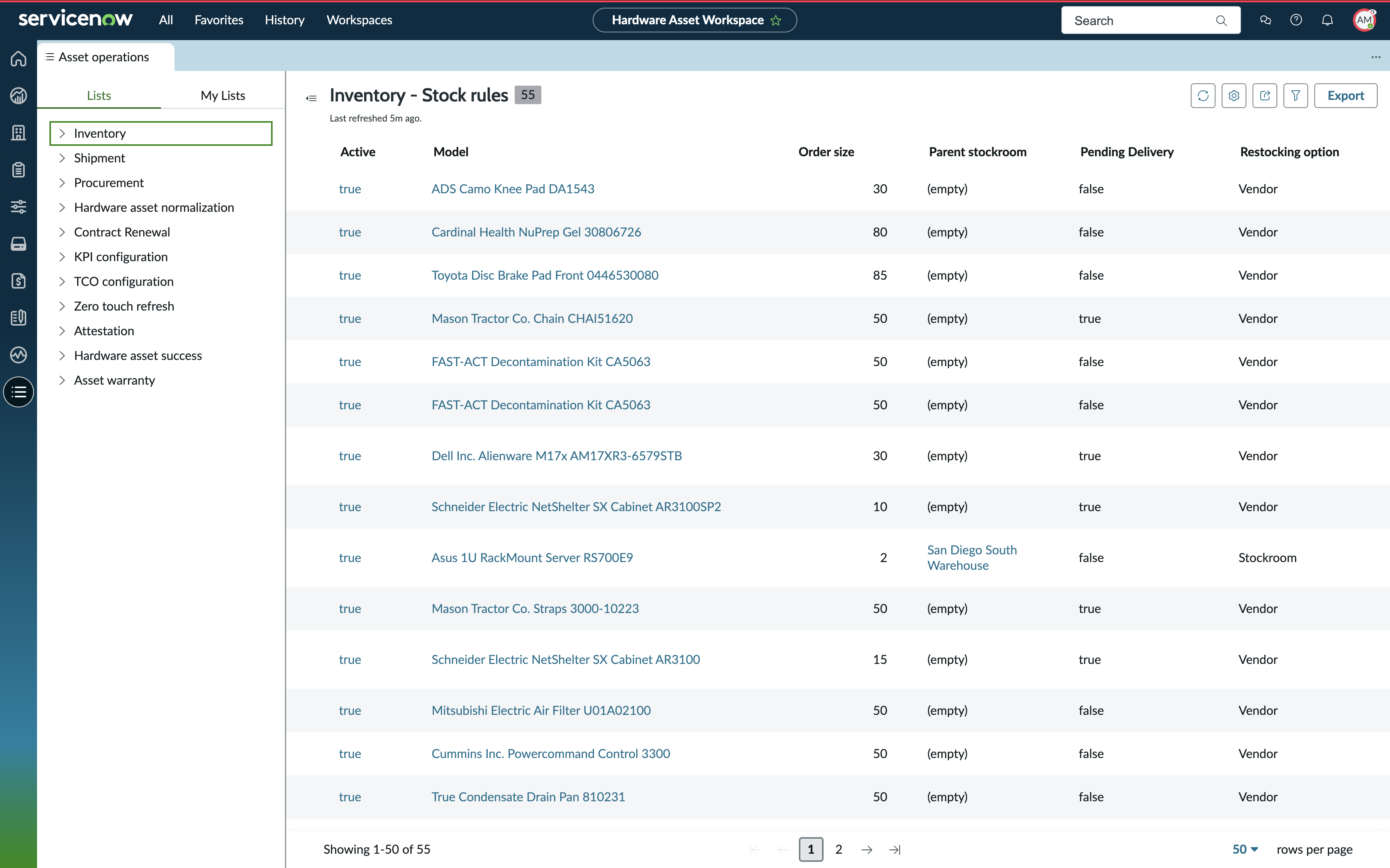 Asset operation view in the Hardware Asset Workspace.