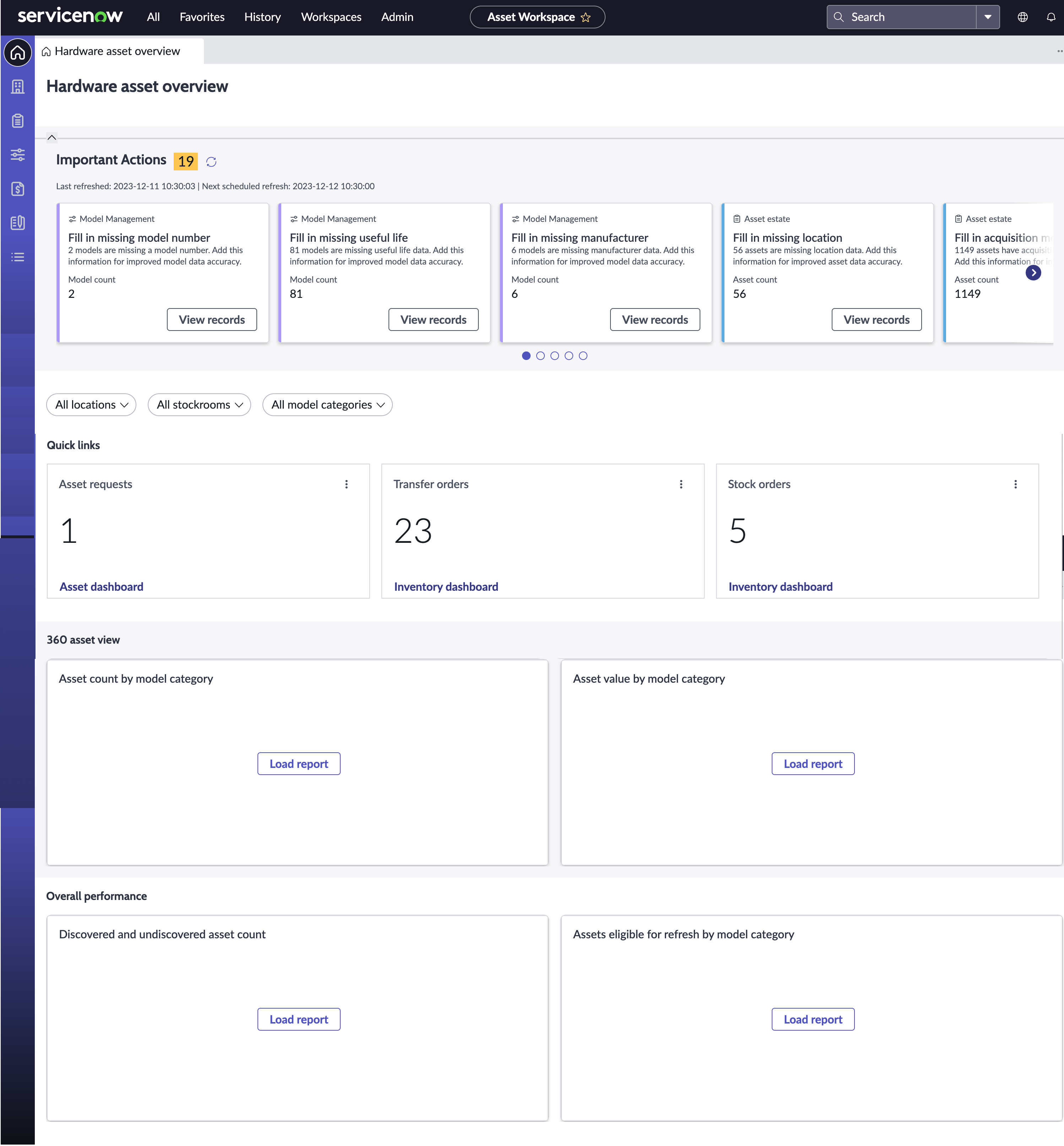 ハードウェア資産の概要ページのレポートオプションをロード