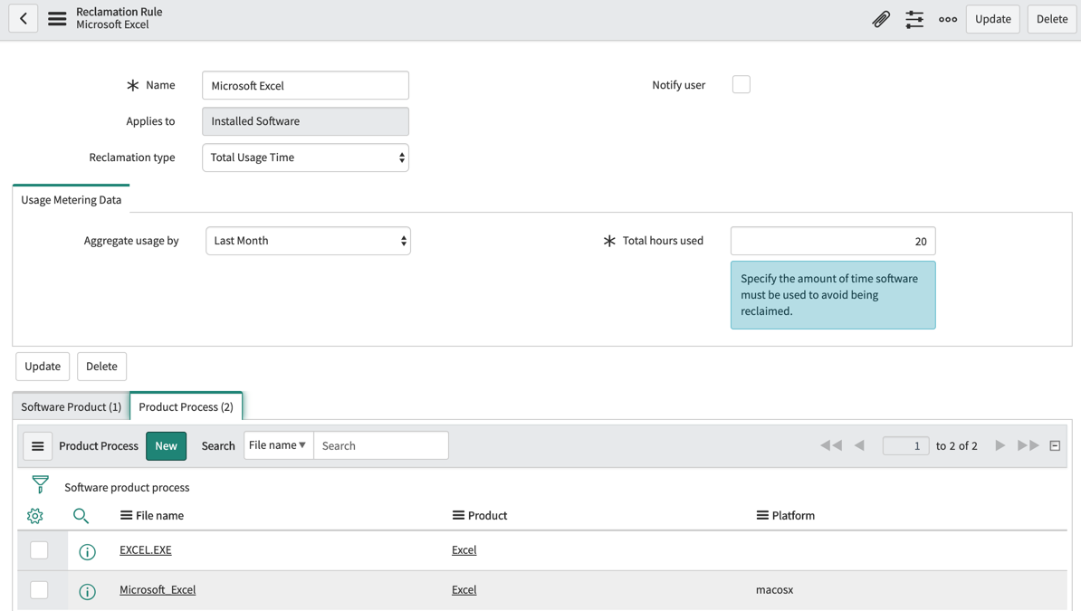 Reclamation Rule form with two product processes added to the Product Process related list.