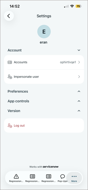Settings page with expanded Account section