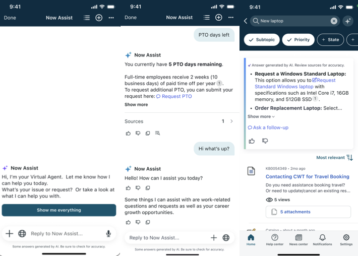 now assist for mobile virtual agent example responses