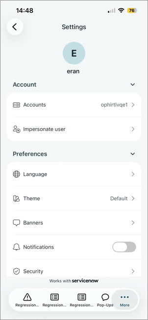 Settings page with expanded Account and Preference sections