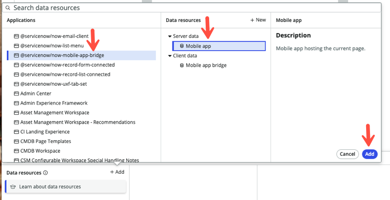 'Search data resources' dialog box showing selection of @servicenow/now-mobile-app-bridge > Mobile app, and then selecting the Add button.