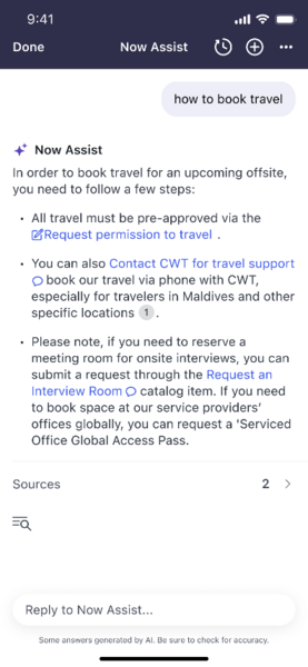 Now Assist giving information on booking travel