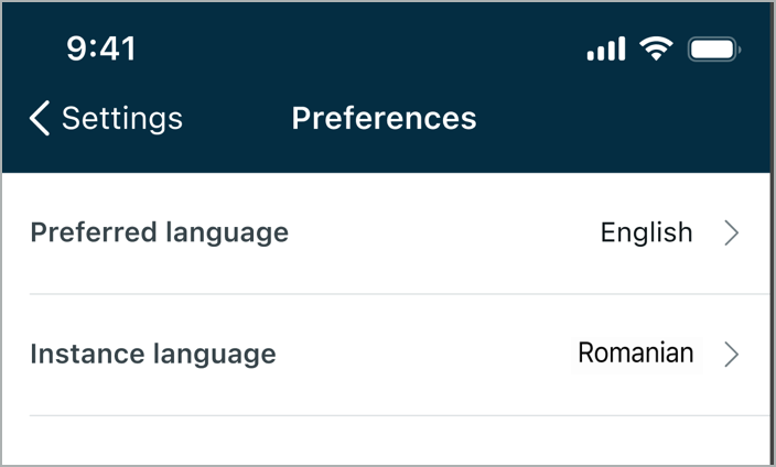 Language page options within ServiceNow mobile apps.