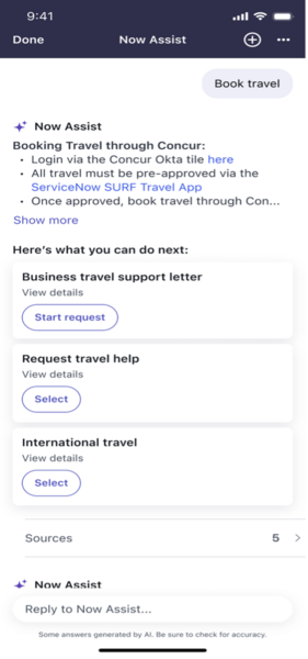 Now Assist summarizing the company's policy on booking travel