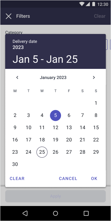 Date selection interface for a mobile filter.