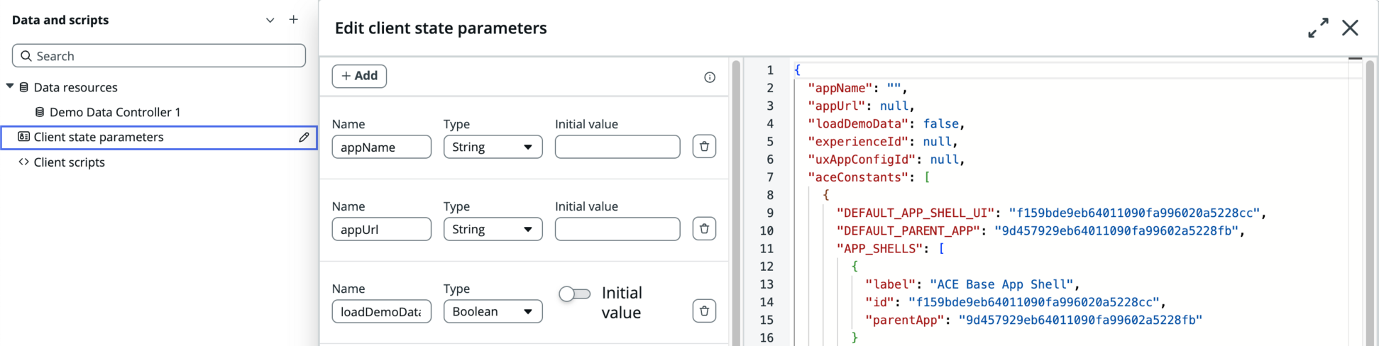 데이터 선반에 있는 클라이언트 상태 매개 변수Client state parameters found in data shelf.