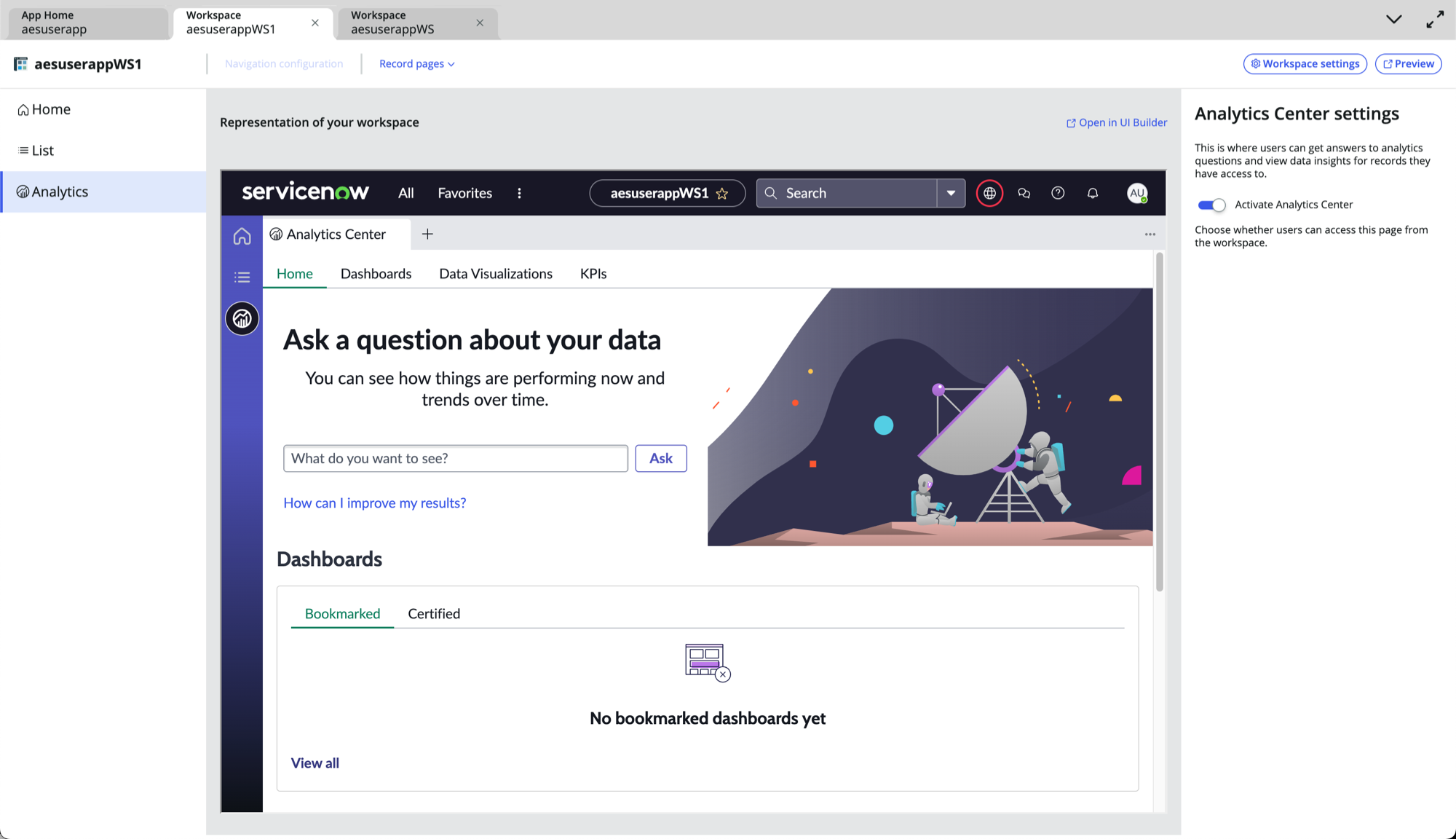 캔버스의 Workspace Builder 분석 센터