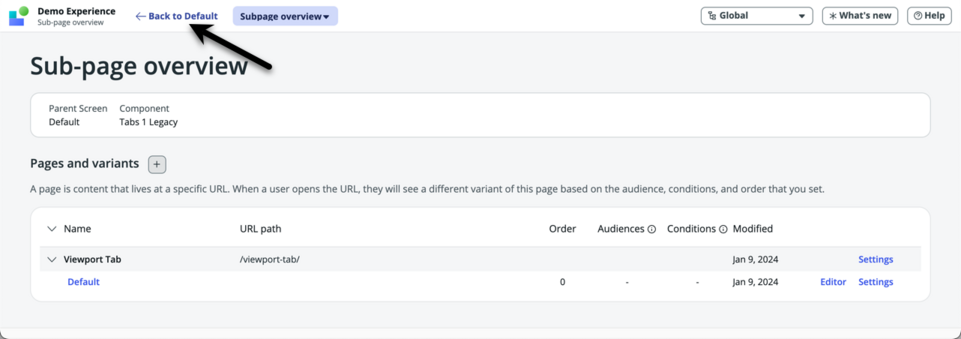 UI Builder 헤더의 기본값으로 돌아가기 링크를 가리키는 화살표입니다.