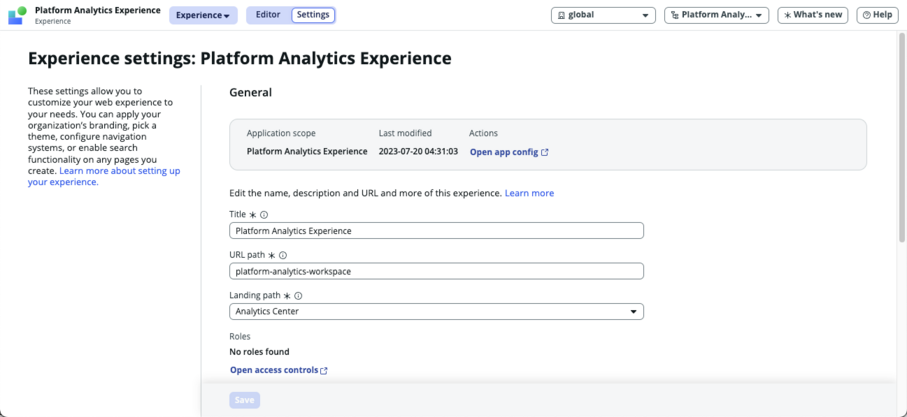 Platform Analytics 작업 공간에 대한 경험 설정입니다.