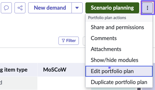 Portfolio plan actions menu.