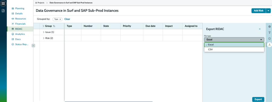 Export RIDAC data in Project Workspace.