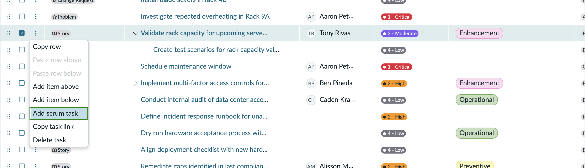 Option to add scrum task for a story inline in the List view.