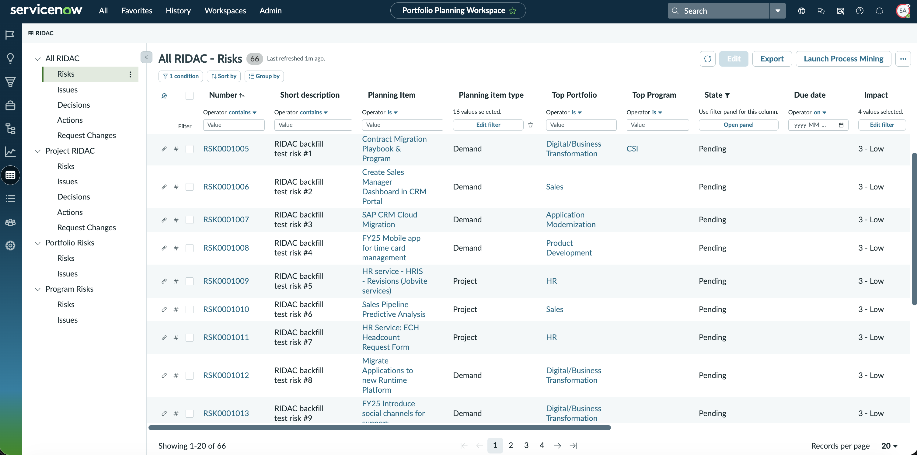 RIDAC Home Page in Portfolio Planning Workspace