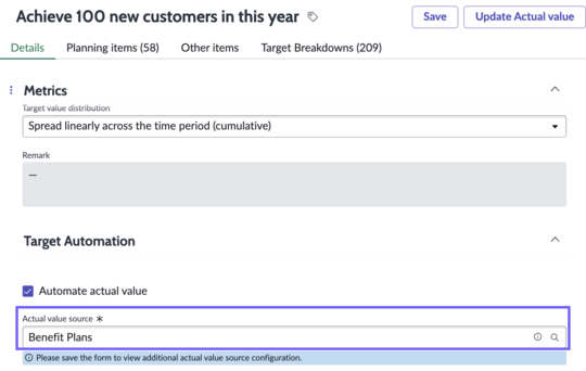 Selecting target source for automating target actuals in Strategic Planning