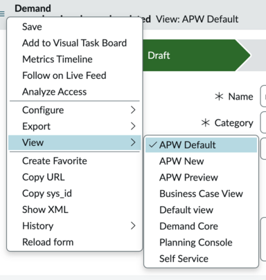 Navigation to APW Default in Additional actions.