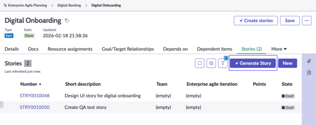 Stories related list of an epic in Enterprise Agile Planning, showing the Generate Story button.