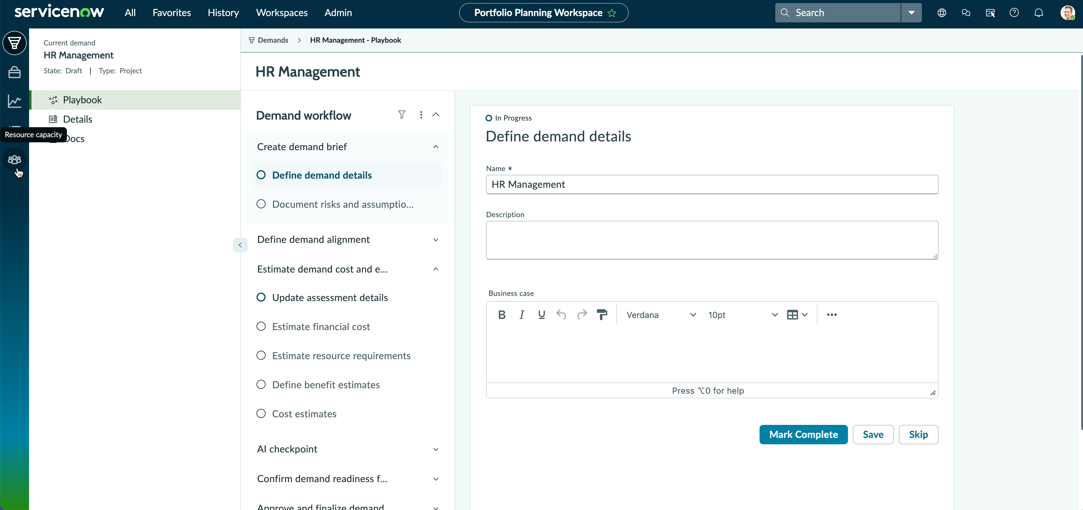 Demand opens in the Playbook page with the first stage and activity expanded.