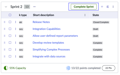 Select Complete Sprint from the section of the sprint that you want to mark complete.