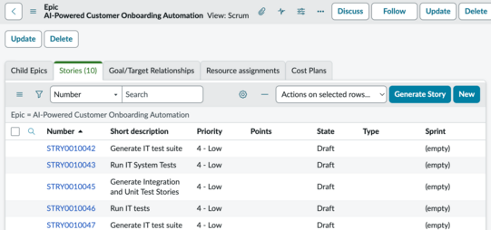 Stories related list of an epic in Agile Development 2.0, showing the Generate Story button.