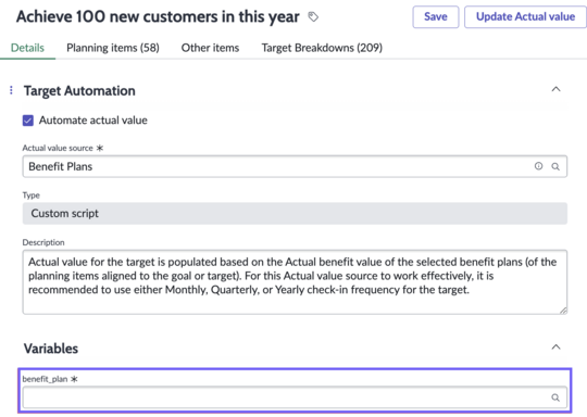 Benefit plan variables for target source in Strategic Planning