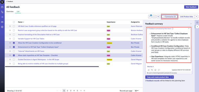 AI-generated summary for multiple feedback records using the multi feedback summarization skill.
