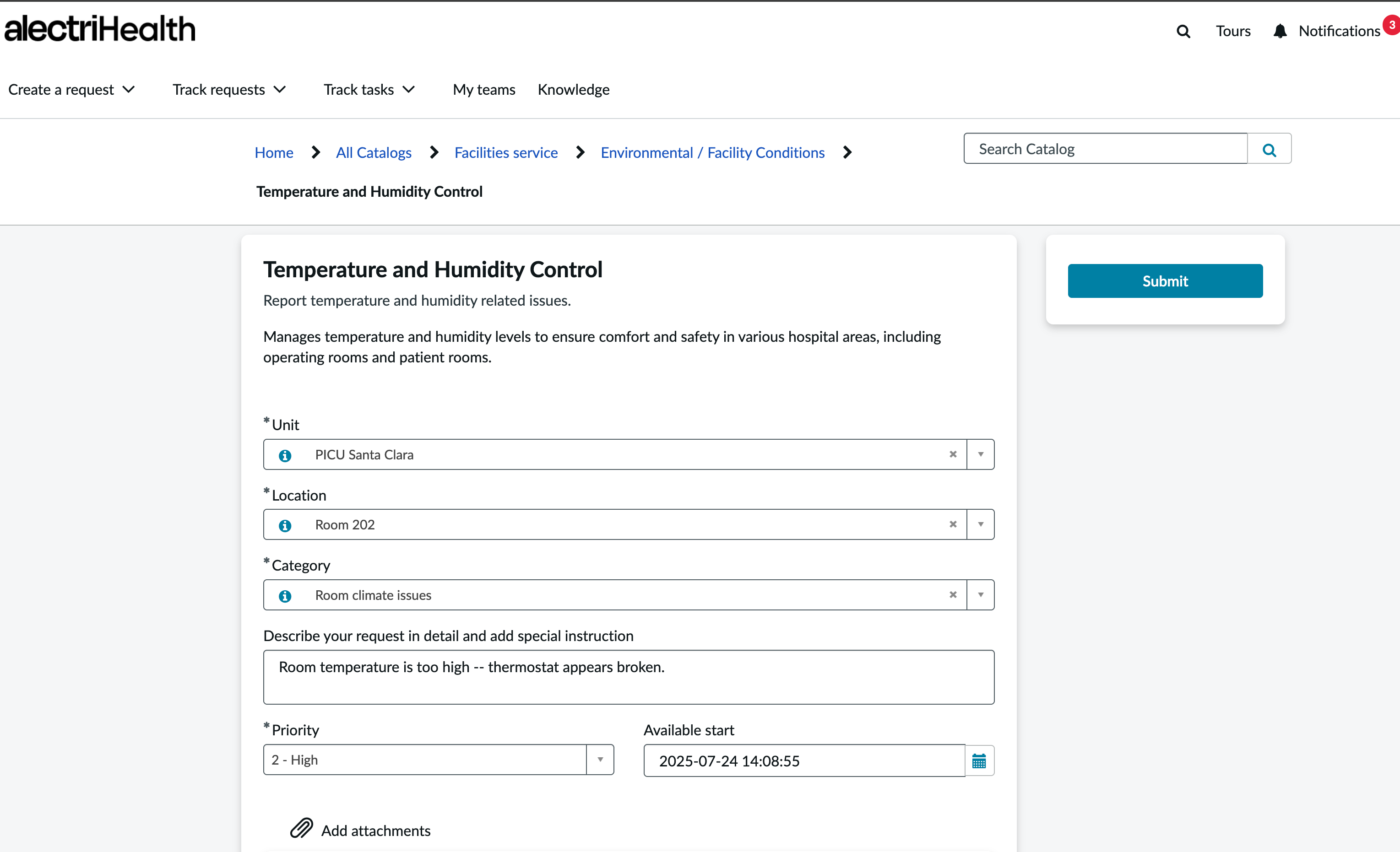 A facilities support request being created by Care Team Portal.