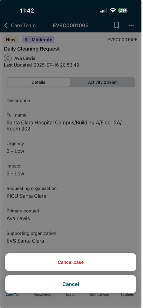 Cancel a request in Care Team Mobile.