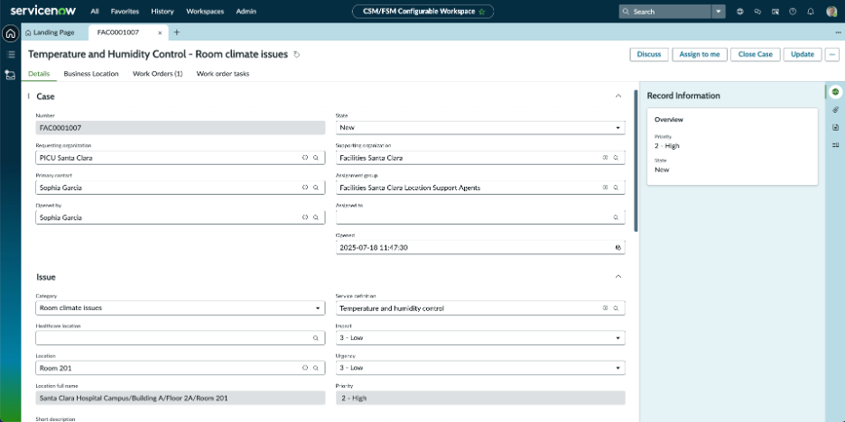 A healthcare Facilities case in CSM/FSM Configurable Workspace.