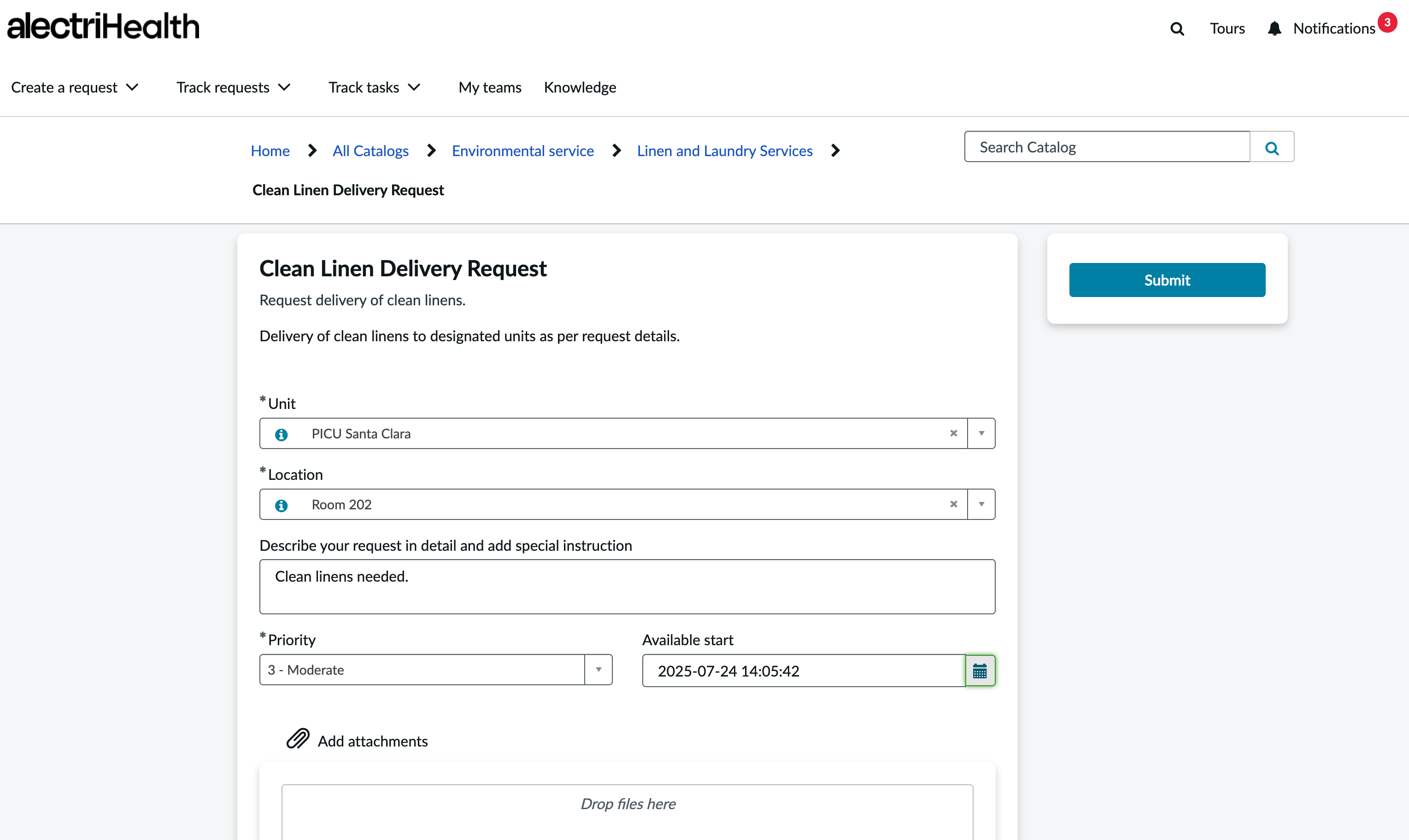 Environmental services support request being created in Care Team Portal.