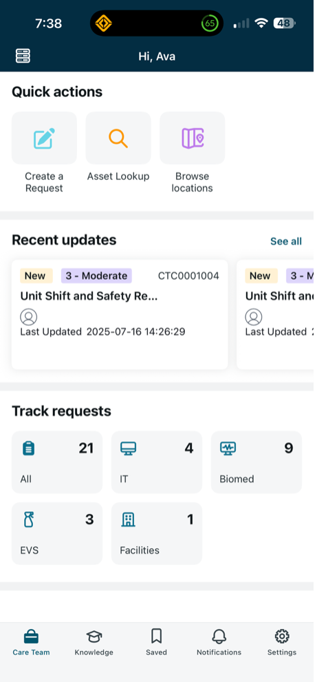 Care Team Mobile overview screen.